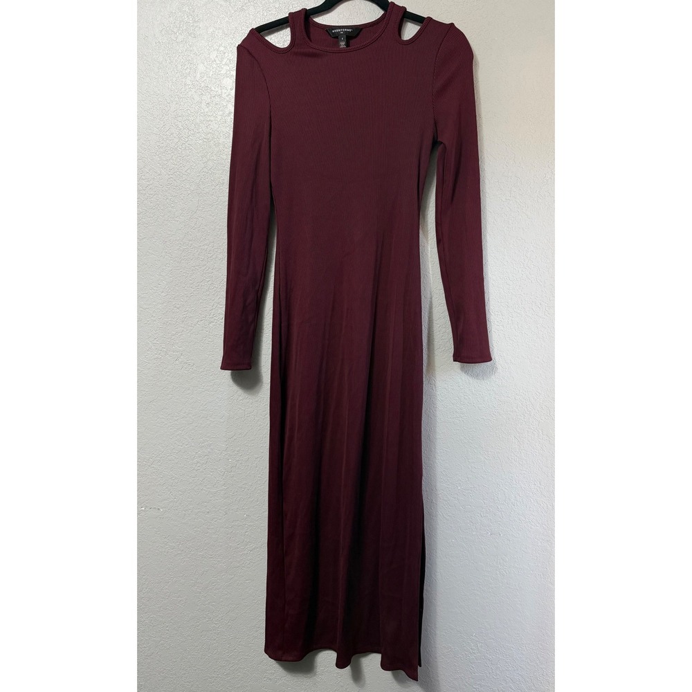 WHBMFORME Burgundy Ribbed Cold Shoulder Maxi Dress Long Sleeve Side Slit Small